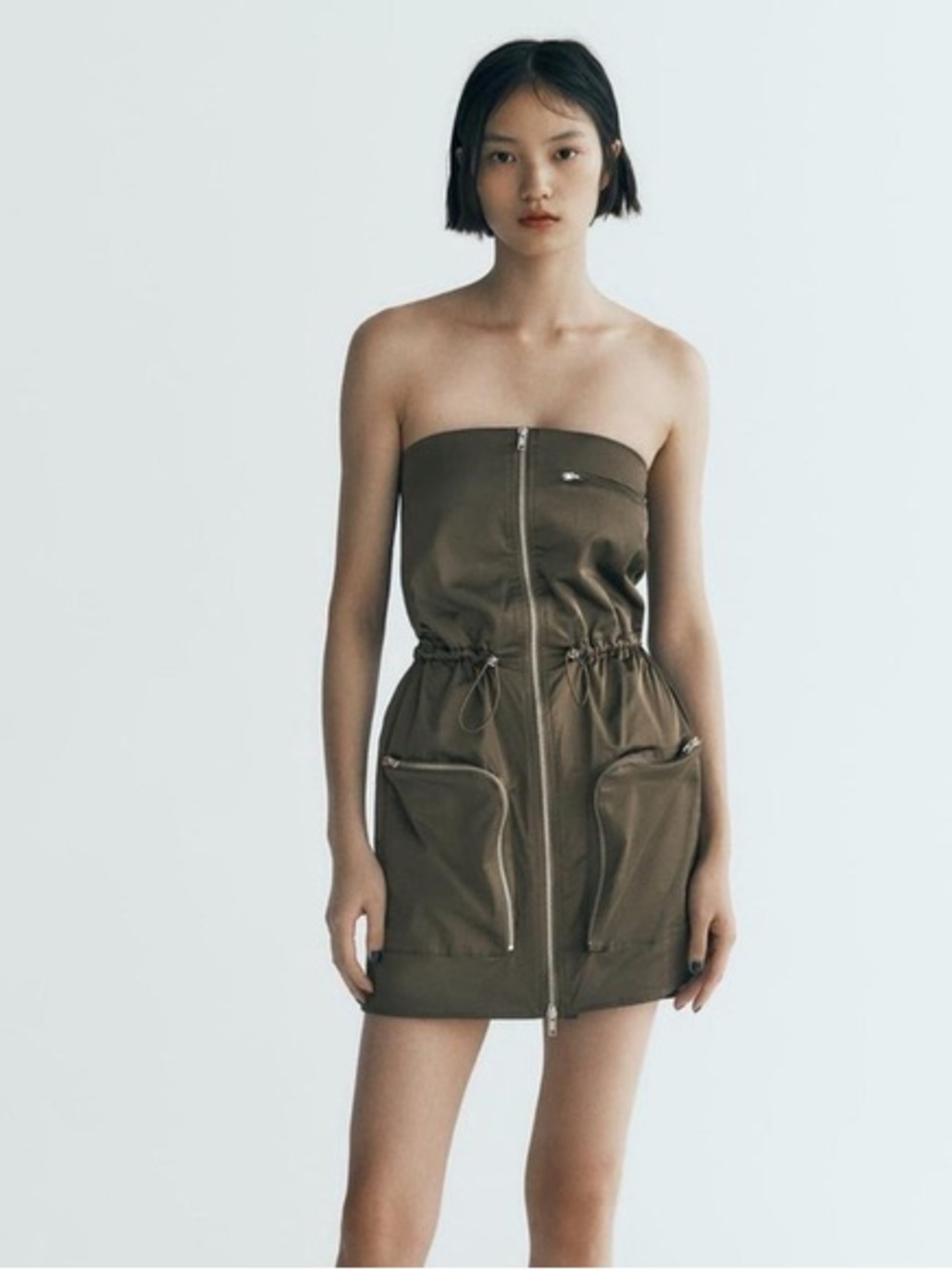 Zara Strapless Olive Green Cargo Mini Dress with Front Zips